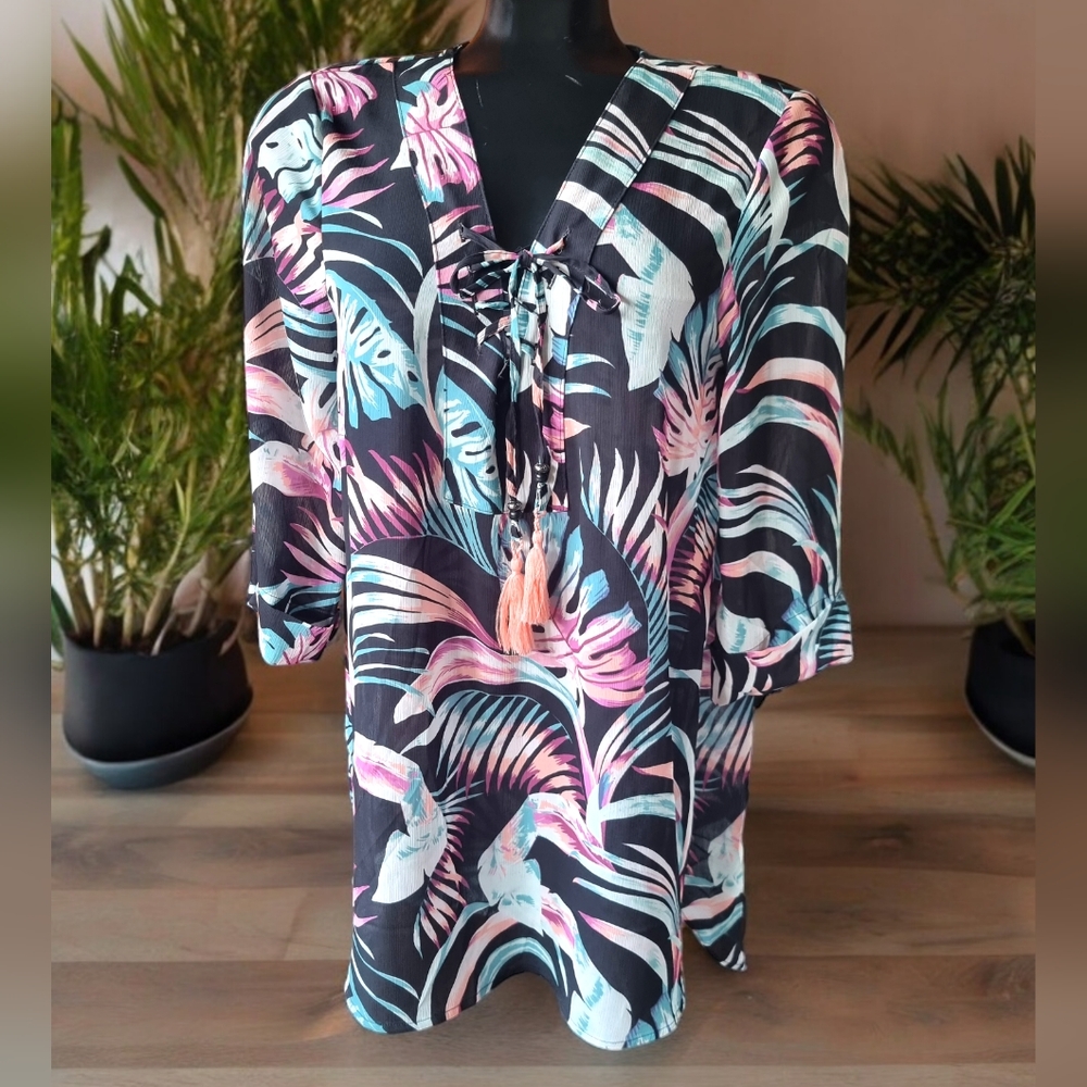 Apana Resort Tropical Bathing Suit Cover-Up Tunic Blouse Size M